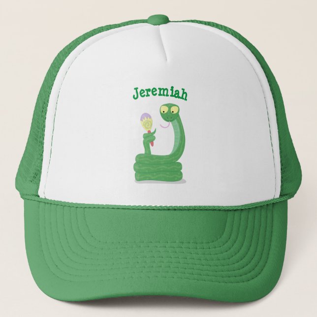 Funny green snake with maraca cartoon trucker hat (Front)