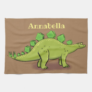 Funny green stegosaurus dinosaur cartoon tea towel