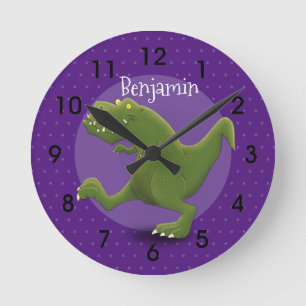 Funny green t rex dinosaur cartoon illustration round clock