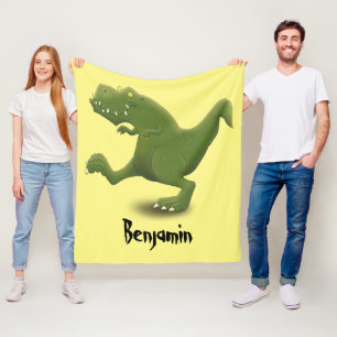 Funny green t rex dinosaur cartoon illustraton fleece blanket