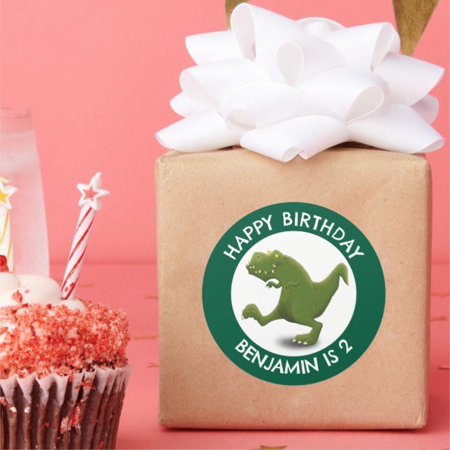 Funny green t rex dinosaur cartoon personalised classic round sticker (Party)