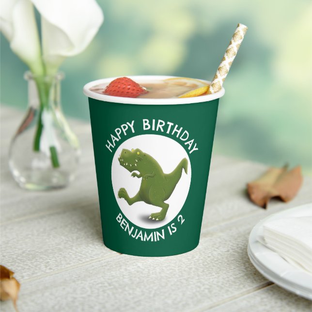 Funny green t rex dinosaur cartoon personalised paper cups (Insitu)
