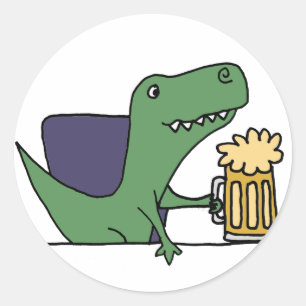 Funny Green T-Rex Dinosaur Drinking Beer Classic Round Sticker