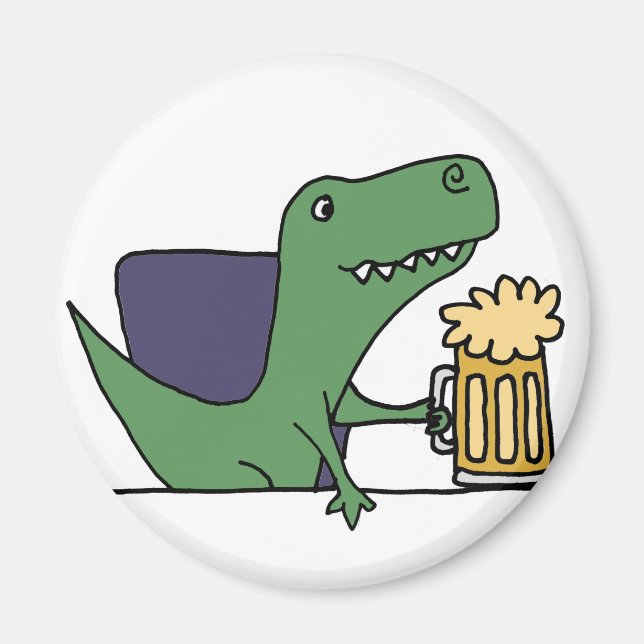 Funny Green T-Rex Dinosaur Drinking Beer Magnet (Front)