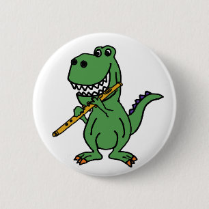 Funny Green T-rex Dinosaur Playing Flute 6 Cm Round Badge