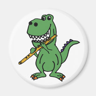 Funny Green T-rex Dinosaur Playing Flute Magnet