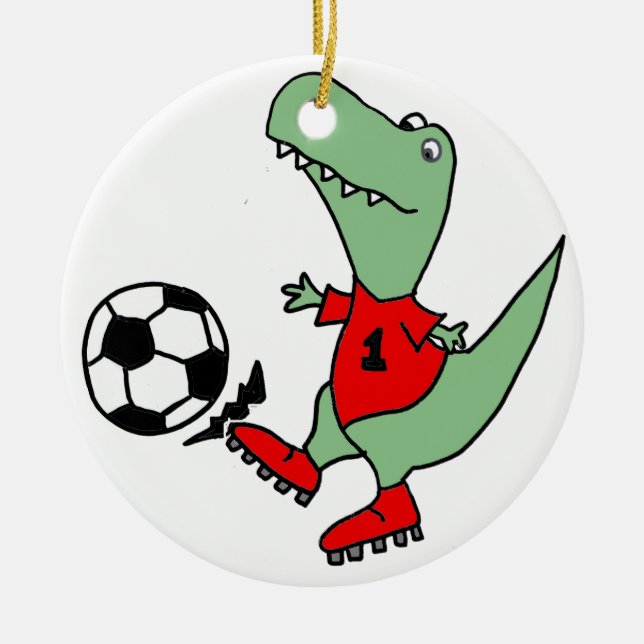 Funny Green T-rex Dinosaur Playing Soccer Ceramic Ornament (Front)
