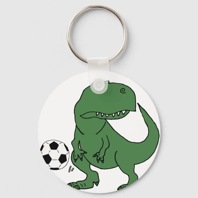 Funny Green T-rex Dinosaur Playing Soccer Key Ring (Front)