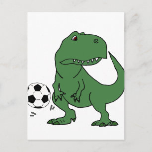 Funny Green T-rex Dinosaur Playing Soccer Postcard