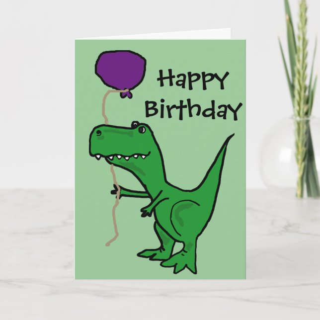 Funny Green Trex Dinosaur Holding Balloon Card (Front)