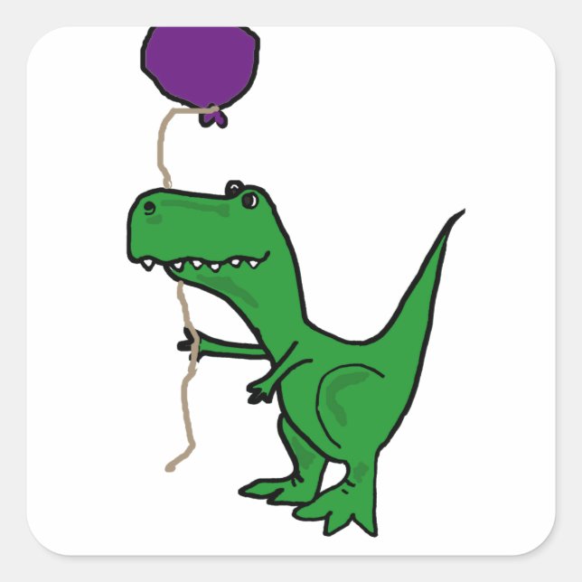 Funny Green Trex Dinosaur Holding Balloon Square Sticker (Front)