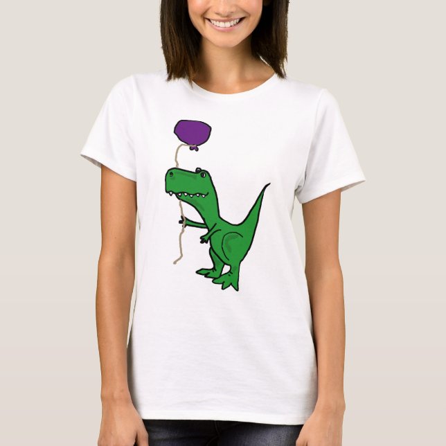 Funny Green Trex Dinosaur Holding Balloon T-Shirt (Front)
