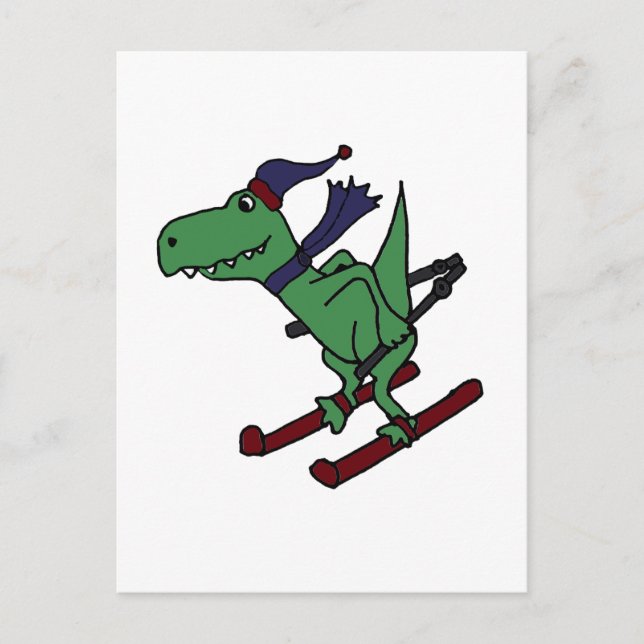 Funny Green Trex Dinosaur Skiing Postcard (Front)