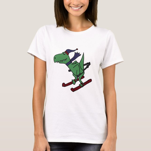 Funny Green Trex Dinosaur Skiing T-Shirt (Front)