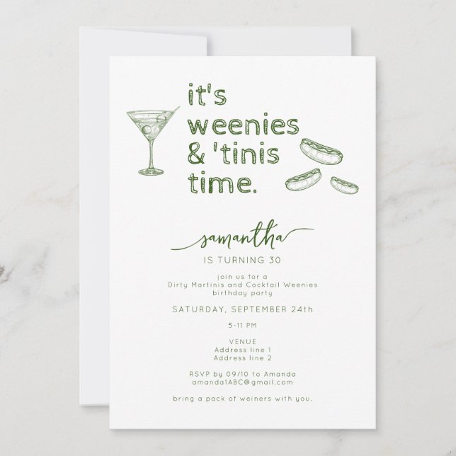 Funny Green Weenies & Tinis Martini Birthday Party Invitation (Front)