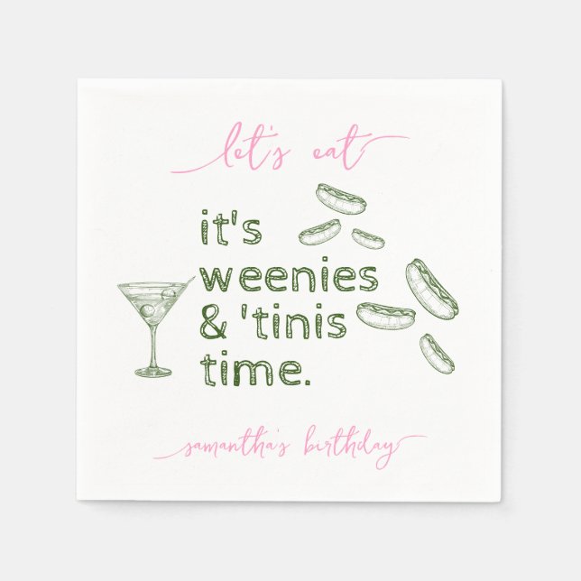 Funny Green Weenies & Tinis Martini Birthday Party Napkin (Front)