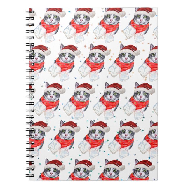 Funny Grey and White Tabby Cat Christmas Notebook (Front)
