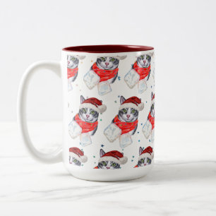 Funny Grey and White Tabby Cat Christmas Two-Tone Coffee Mug