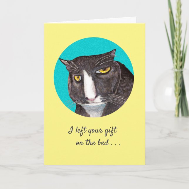 Funny Grey Cat Birthday Greeting Card (Front)