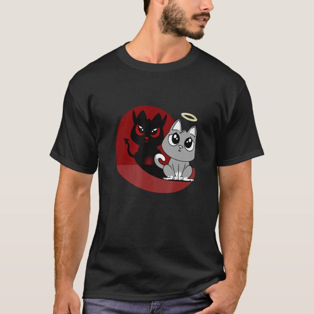 Funny Grey Cat Devil Angel Bad Cat Evil Shadow Dia T-Shirt (Front)