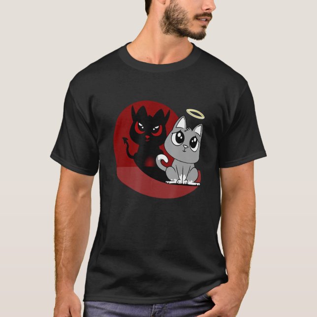 Funny Grey Cat Devil Angel Bad Cat Evil Shadow Dia T-Shirt (Front)