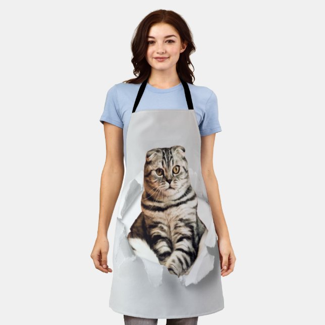 Funny Grey Cat Popping thru Torn Paper Illusion  Apron (Worn)