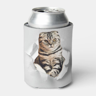 Funny Grey Cat Popping thru Torn Paper Illusion  Can Cooler