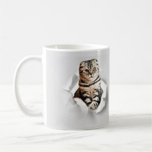 Funny Grey Cat Popping thru Torn Paper Illusion  Coffee Mug