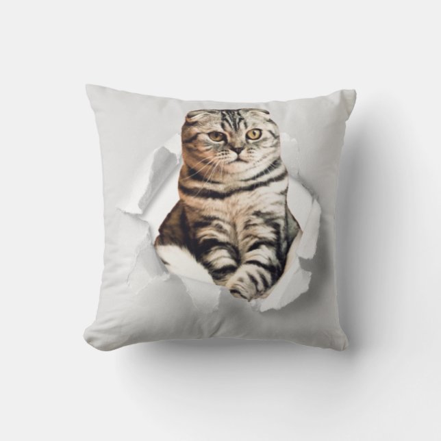 Funny Grey Cat Popping thru Torn Paper Illusion  Cushion (Front)