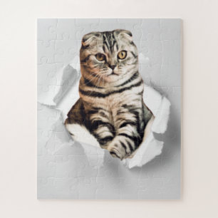 Funny Grey Cat Popping thru Torn Paper Illusion  Jigsaw Puzzle