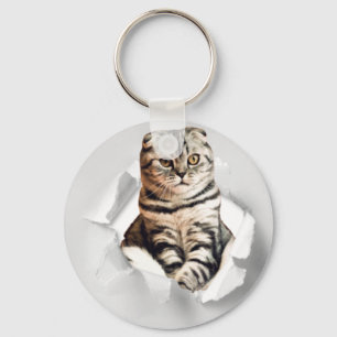 Funny Grey Cat Popping thru Torn Paper Illusion Key Ring