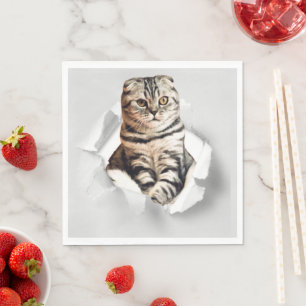 Funny Grey Cat Popping thru Torn Paper Illusion  Napkin