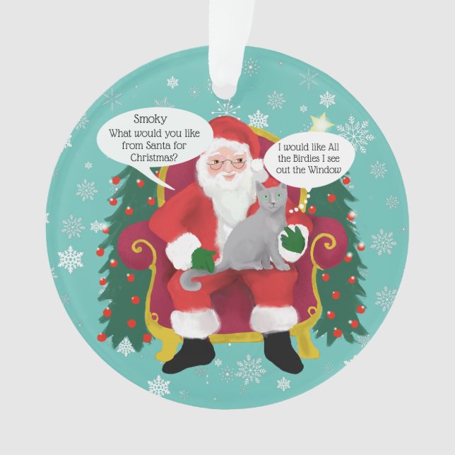 Funny Grey Cat Visits Santa Custom Christmas Ornament (Front)