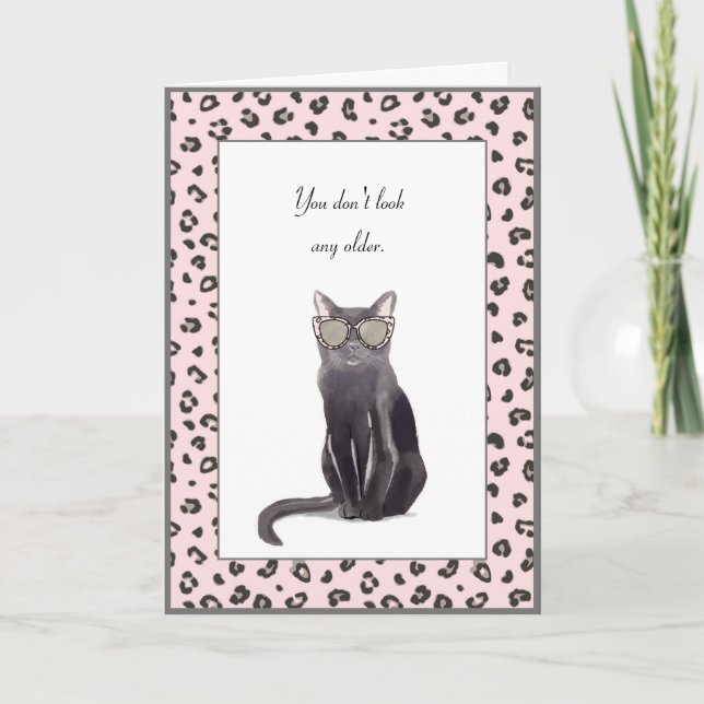 Funny Grey Cat with Leopard Print Glasses Birthday Card (Front)