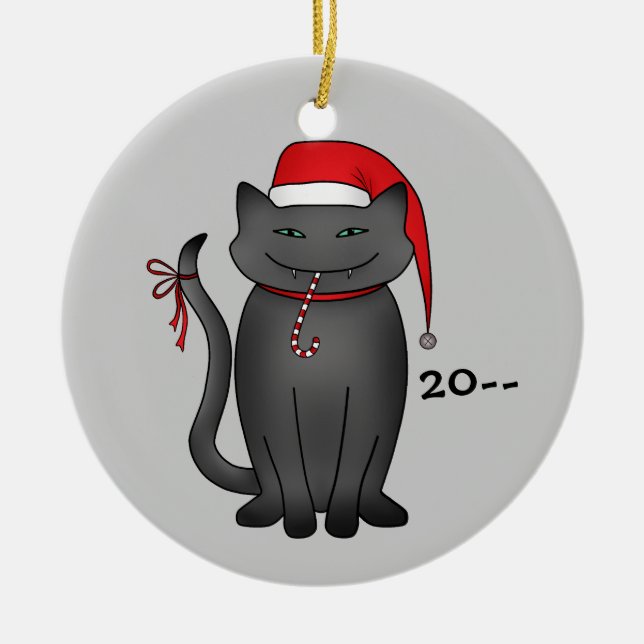 Funny grey Christmas kitty Ceramic Tree Decoration (Front)
