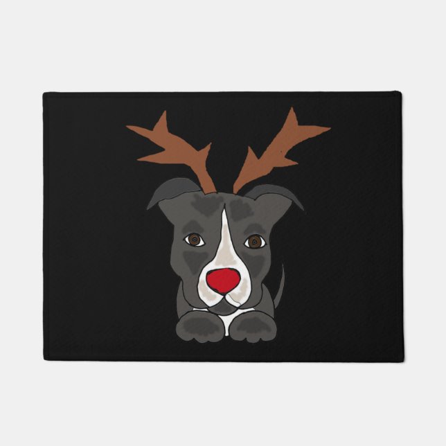 Funny Grey Pitbull Dog as Christmas Reindeer Doormat (Front)
