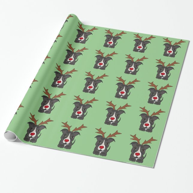 Funny Grey Pitbull Dog as Christmas Reindeer Wrapping Paper (Unrolled)