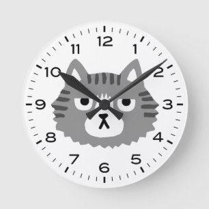 Funny Grey Tabby Cat Grouchy Cat Round Clock