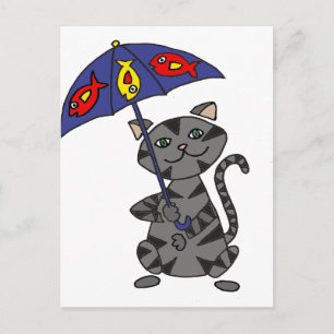 Funny Grey Tabby Cat Holding Umbrella Postcard