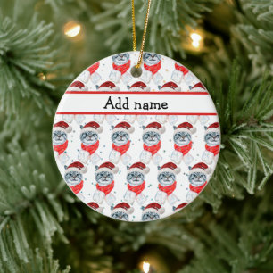 Funny Grey Tabby Cat With Santa Hat Christmas Ceramic Ornament
