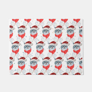 Funny Grey Tabby Cat With Santa Hat Christmas Doormat