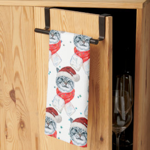 Funny Grey Tabby Cat With Santa Hat Christmas Tea Towel
