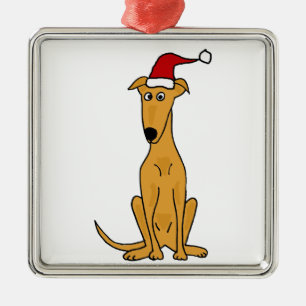 Funny Greyhound Dog in Santa Hat Christmas Art Metal Ornament
