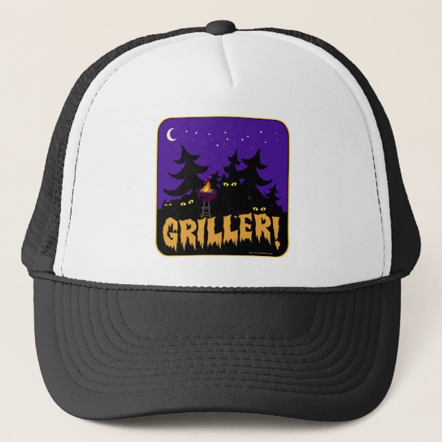 Funny Griller BBQ Horror Themed Cartoon Design Trucker Hat (Front)