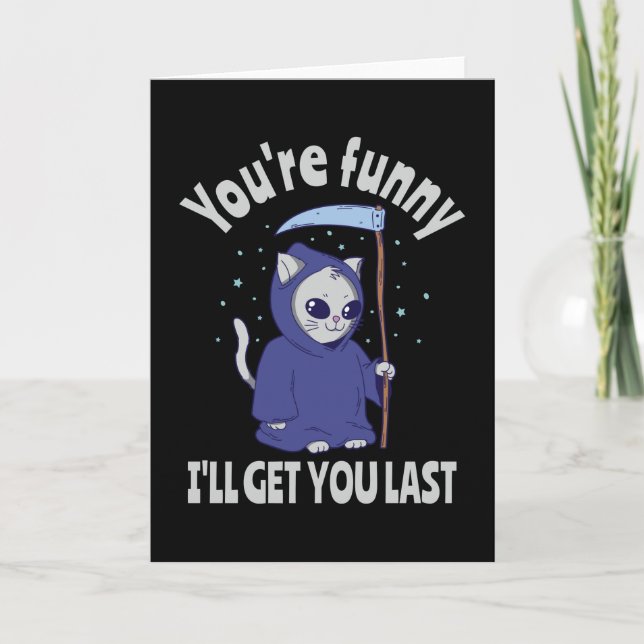 Funny Grim Reaper Cat Halloween Costume Card (Front)