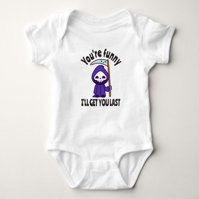 Funny Grim Reaper Skeleton Halloween Costume Baby Bodysuit (Front)