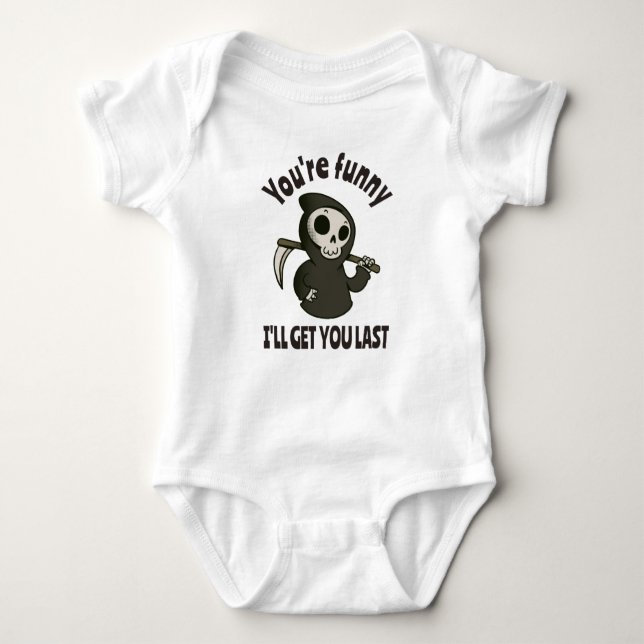 Funny Grim Reaper Skeleton Halloween Costume Baby Bodysuit (Front)