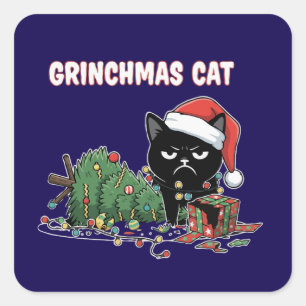 Funny Grinchmas Cat Grumpy Black Cat Christmas Square Sticker