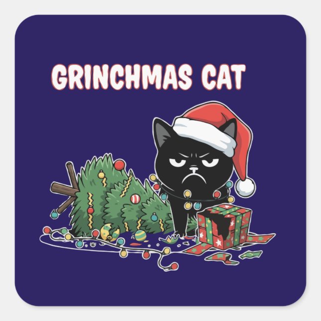Funny Grinchmas Cat | Grumpy Black Cat Christmas  Square Sticker (Front)