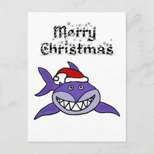 Funny Grinning Shark in Santa Hat Christmas Art Postcard